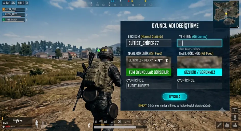 görünmez harf PUBG